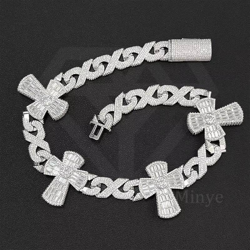 Customized Luxury Cuban Chain 925 Sterling Silver Iced Out Hiphop Jewelry VVS Moissanite Necklace Cross Cuban Link Chain