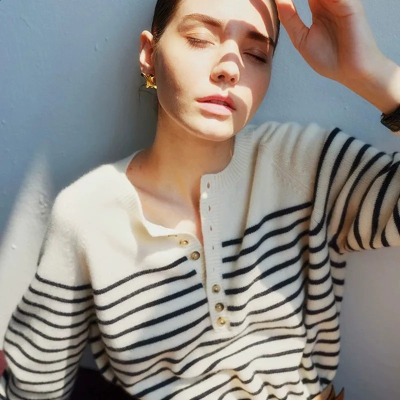 French crewneck sweater Womens halfopen neck breasted horizontal striped long sleeve pullover cashmere loose knit top 250911