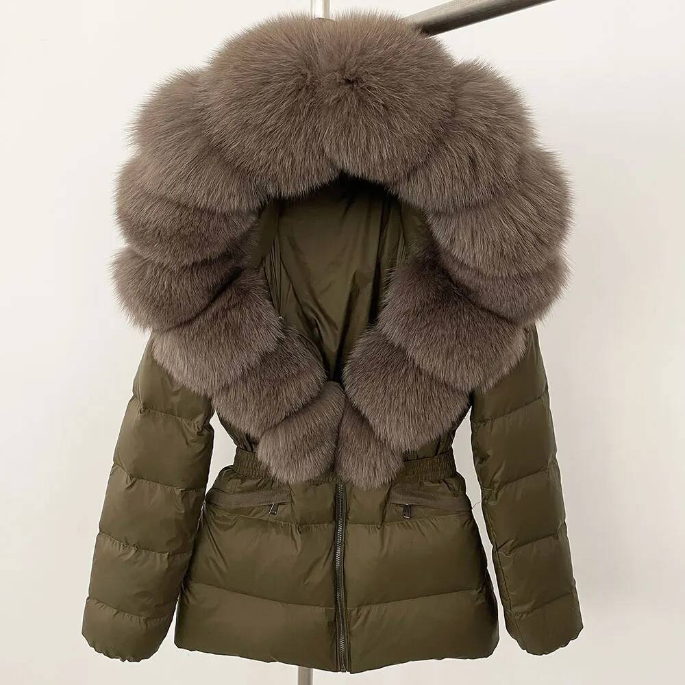 OFTBUY 2024 Winter Jacket Women Natural Real Raccoon Fox Fur Collar Hooded White Duck Down Coat Belt Thick Warm Casual Outerwear real fur coat women