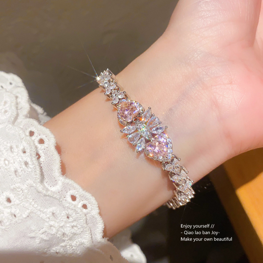 Silver - Toned Bracelet With Pink Heart - Shaped Crystals, Sparkly Clear Crystal Accents Delicate Daily & Elegant Jewelry Gift For Her High - Quality 