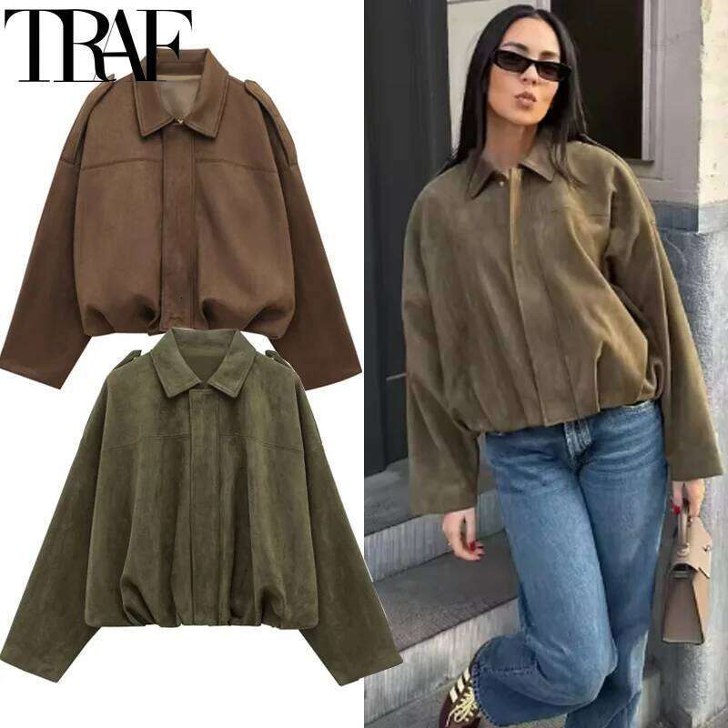 TRAF 2025 Women's Cropped Suede Jacket Women Demi-Season Bomber Jackets Long Sleeve Oversize Zipper Solid Coats