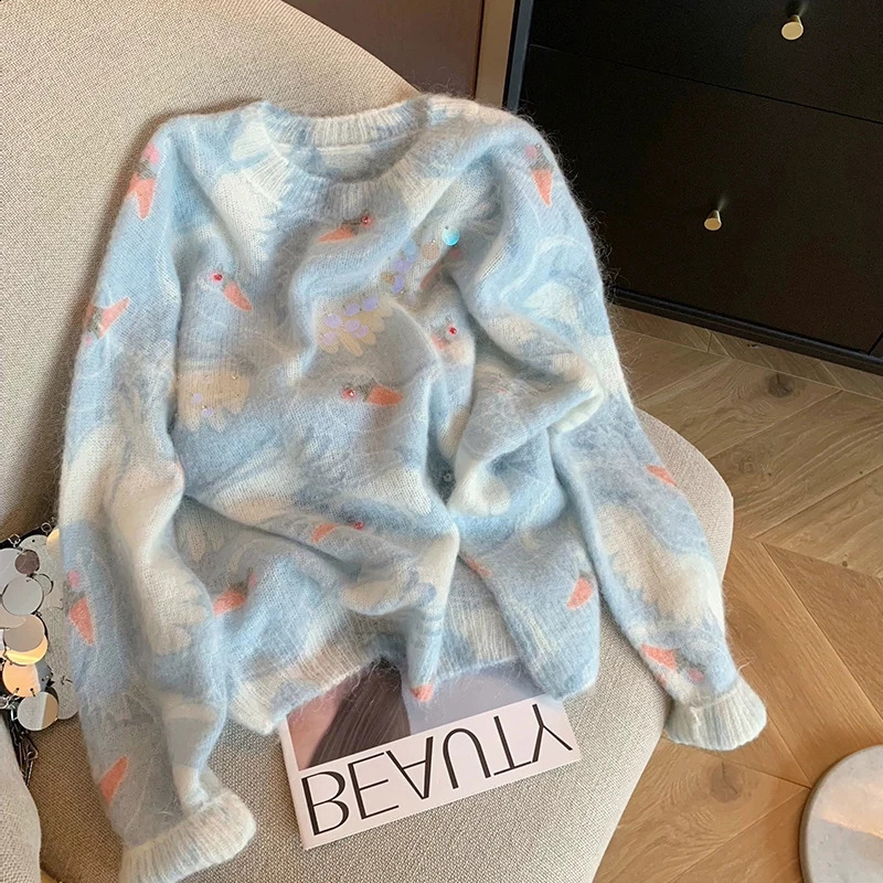 Blue Sequined Beaded Mohair Womens Autumn and Winter Gentle Lazy Wind Soft Waxy Tiedyed Knitted Sweater 250911