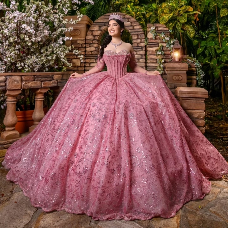 Pink Shiny Ball Gown Quinceanera Dresses Off The Shoulder Sequin Applique Beading Crystal Tull Party Birthday Sweet 16 Dress Vestidos 15 Anos