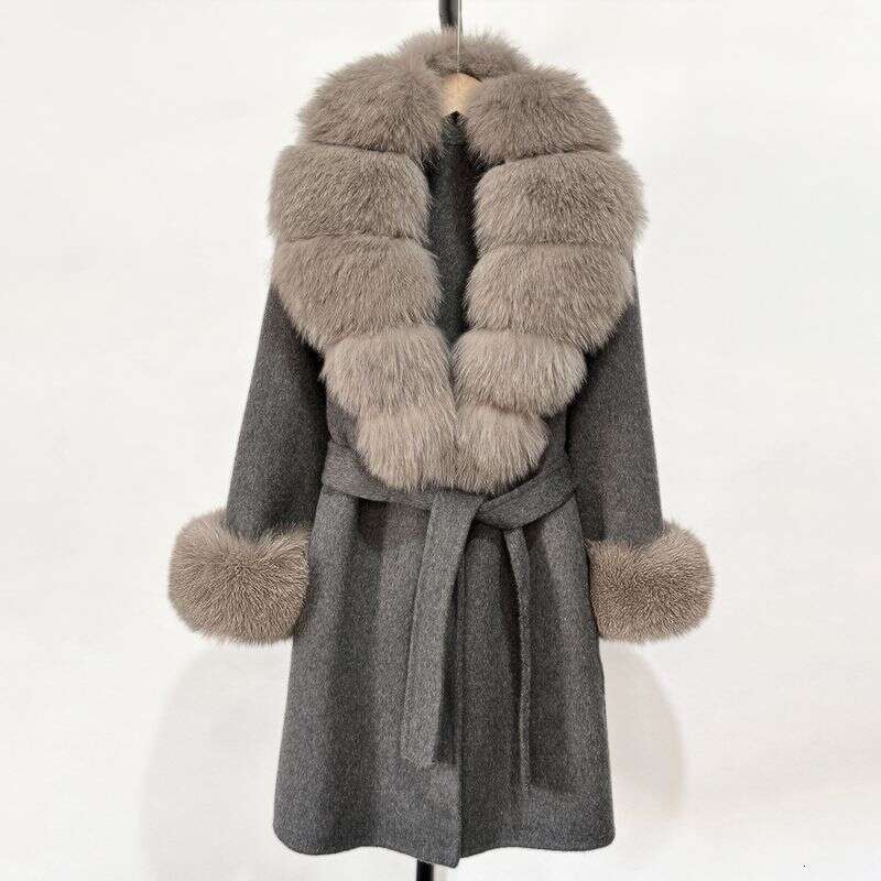 Women's Long Wool & Cashmere Coat With Real Fox Fur Collar - Double-Faced Winter Trench Coat, Slim Fit Belted Dressy Outerwear, Elegant Overcoat 