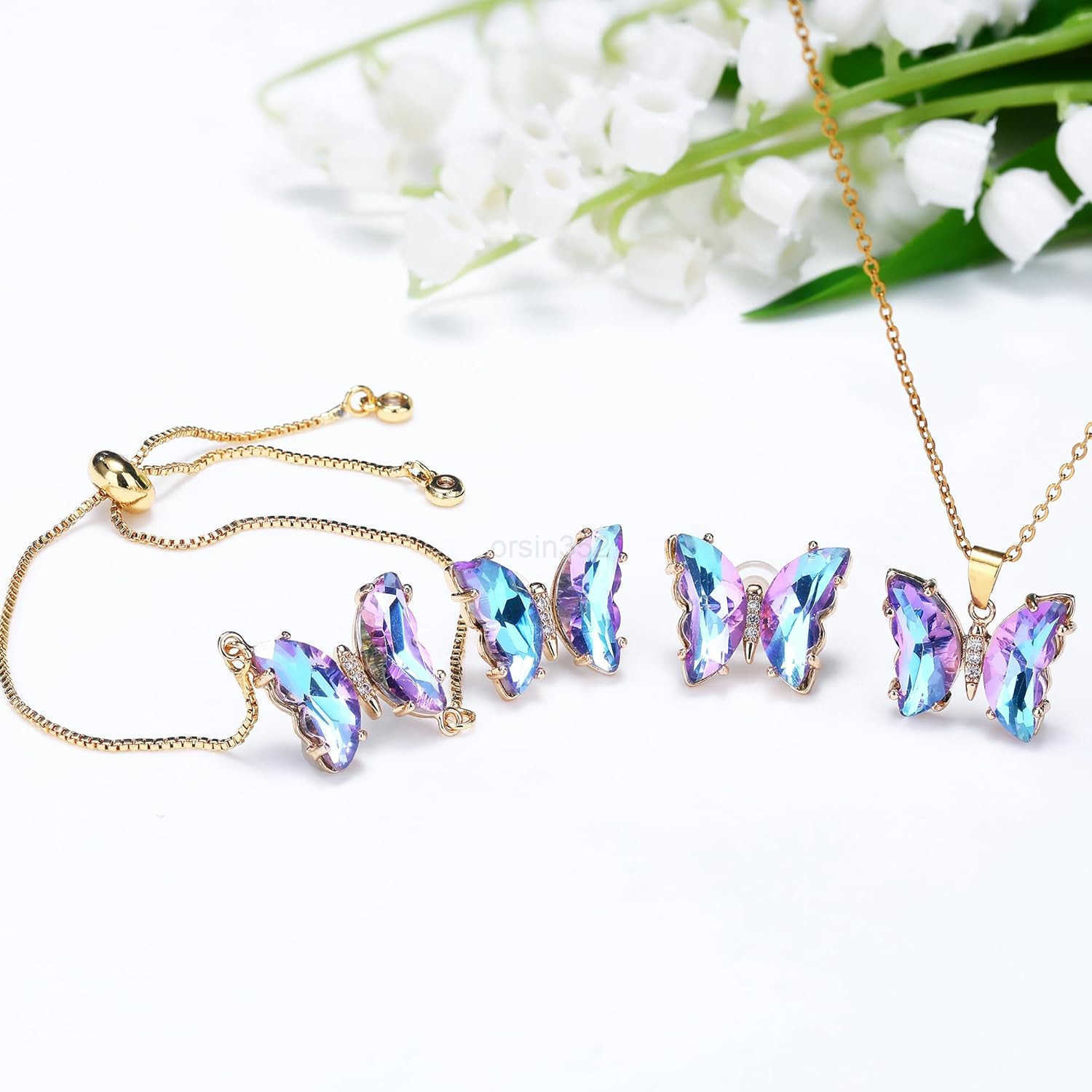 Butterfly Crystal Jewelry Set with Butterfly Necklace Stud Earrings Bolo Adjustable Ring for Women Trendy Iridescent Y2K Dainty Butterfly JeweW250911
