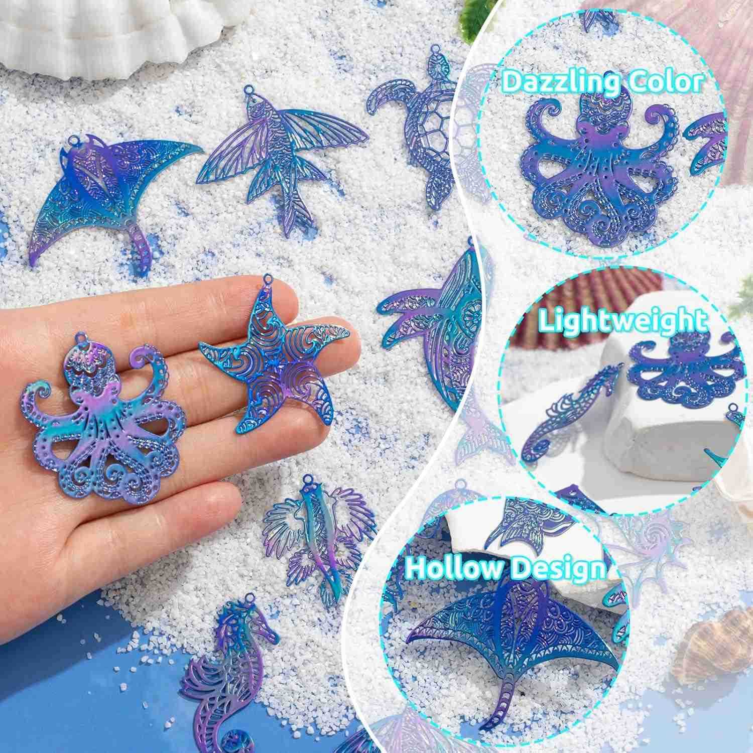 24pcs Assorted Ocean Charms Dazzling Colorful Filigree Metal Embellishment Hollow Sea Animal Pendants for DIY Jewelry Making Earrings Necklaces Hangin