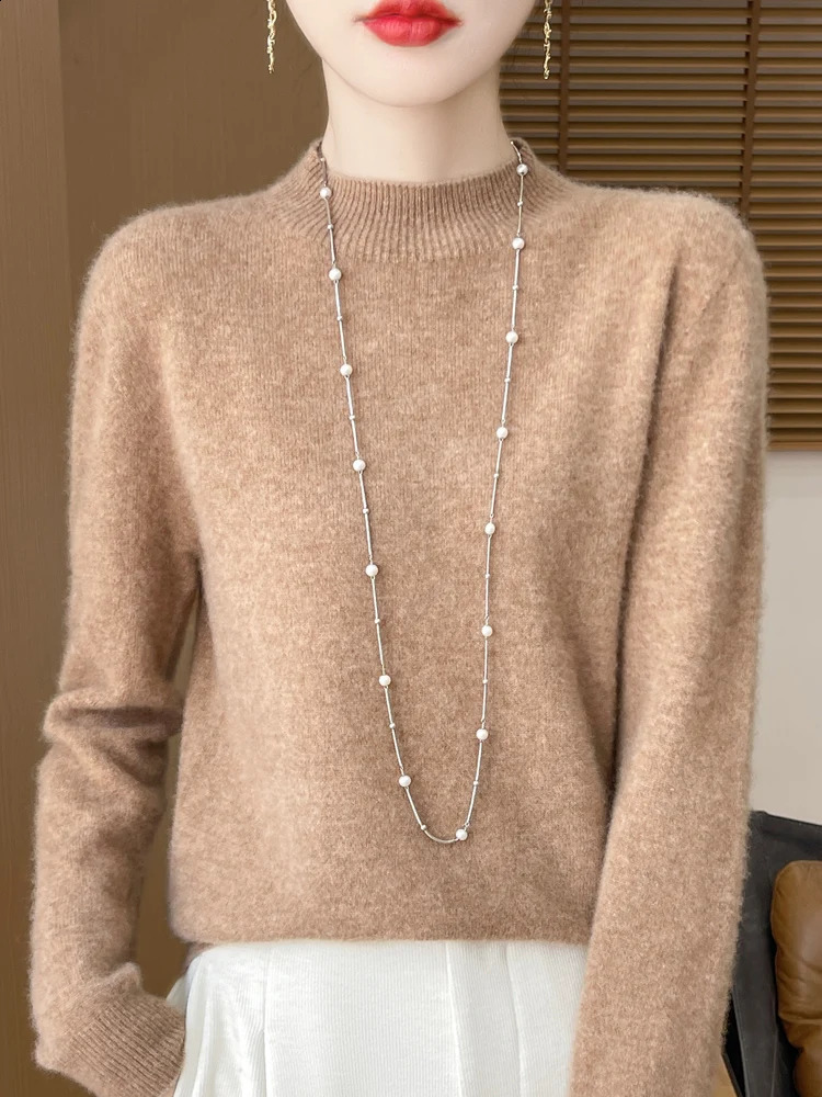 Womens Elegant Basic Style Pullover 100 Merino Wool Knitwear Autumn Winter Warm Solid Casual Loose Exquisite Clothing Tops 250911