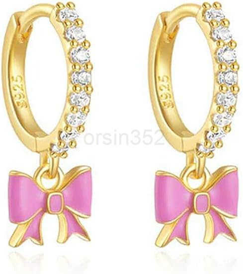 Cute Bow Pink Enamel Ribbon Charm CZ Small Hoop Earrings for Women Cartilage Dainty 925 Sterling Silver Post Gold Plated Bowknot Tiny Mini Huggie Hoop