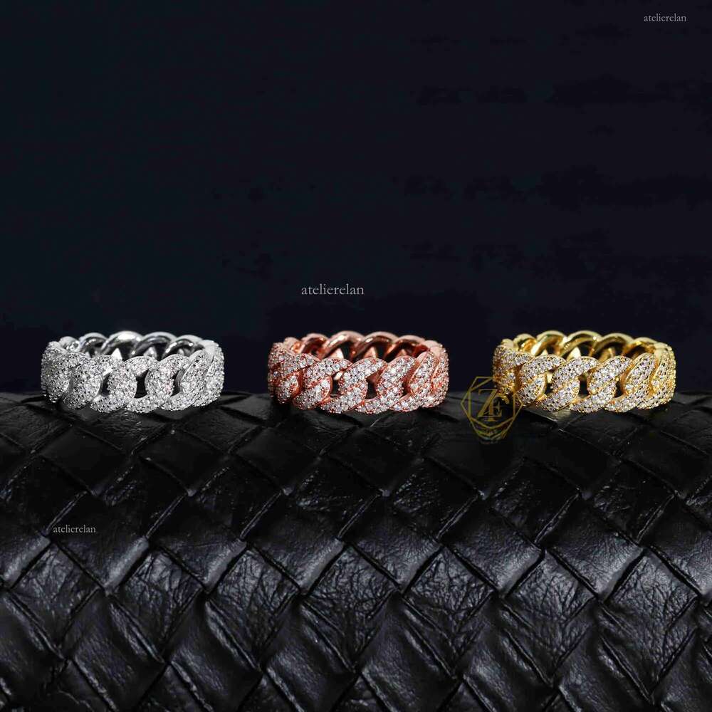 Hiphop Jewelry 2 Rows 7mm Width Cuban Link Sier Moissanite Dia Ice Out Rapper Men Ring L2506090MS3