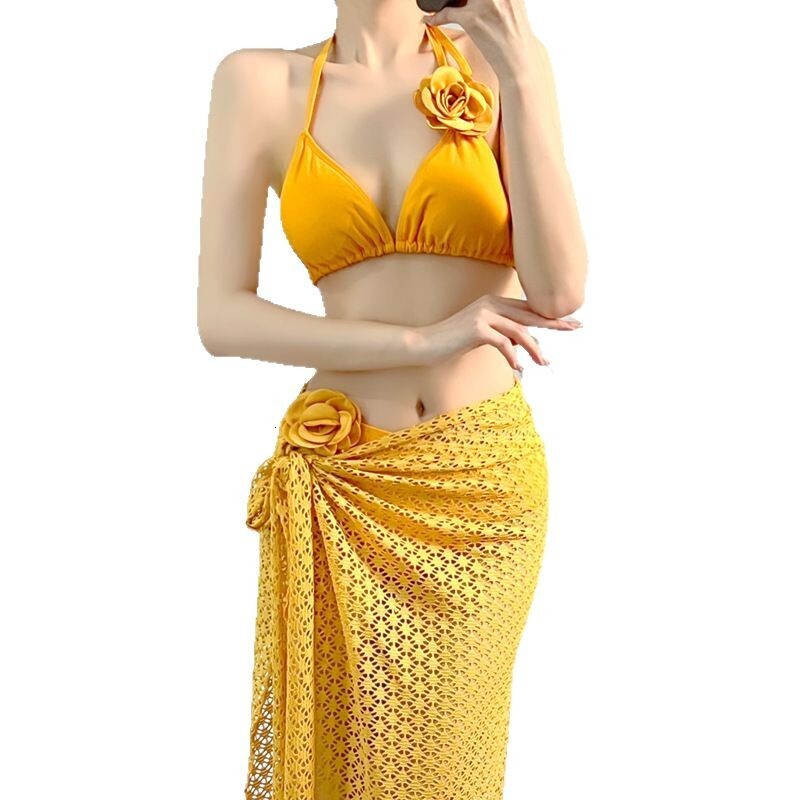 High-End Thai Ginger Yellow Floral Two-Piece Bikini Sexy Slimming Island Vacation Niche Three-Piece Swimsuit