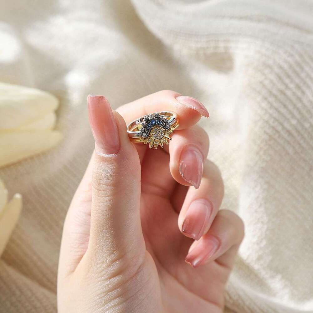 and Set, Sparkling Sun Ring/Blue Moon Ring with 14k Gold/Sier Plating, Friendship Promise Ring, Stackable Celestial Rings, Gift for Women