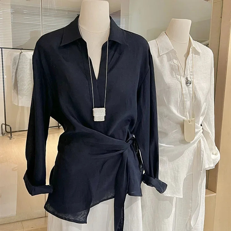 Loose Long Sleeve Womens Shirt Asymmetrical WaistCinching French Preppy Style Relaxed Fashion n Casual Top 250911