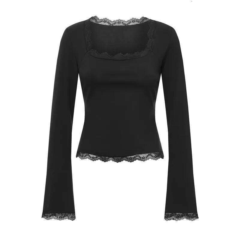 Imcute Women's Spring Lace Trim Tee Shirt Blouses Fashion Long Sleeve Square Neck Slim Trendy Party T-Shirt Y2k Streetwear