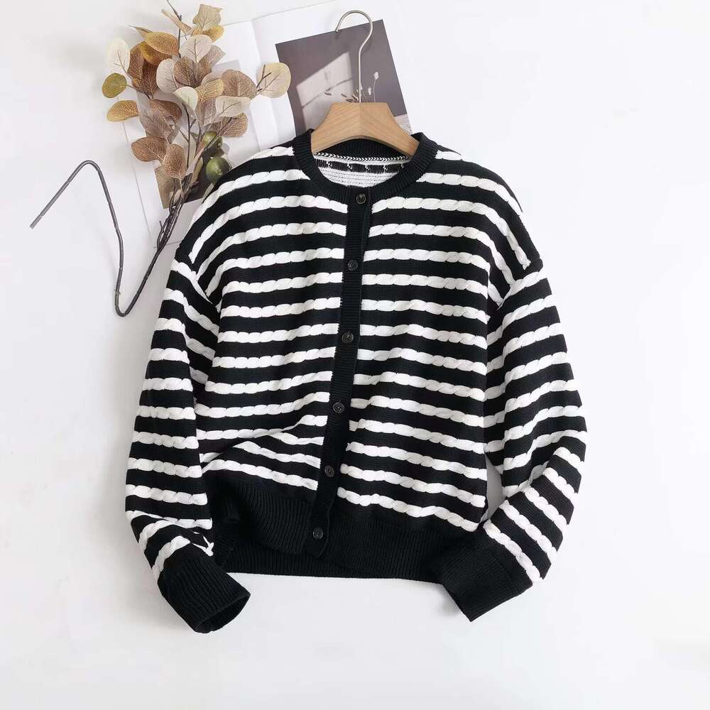 DHEssentials M Fengfeng 2025 New Fashionable Elegant Women's Striped Cable Knit Cardigan 05767575401