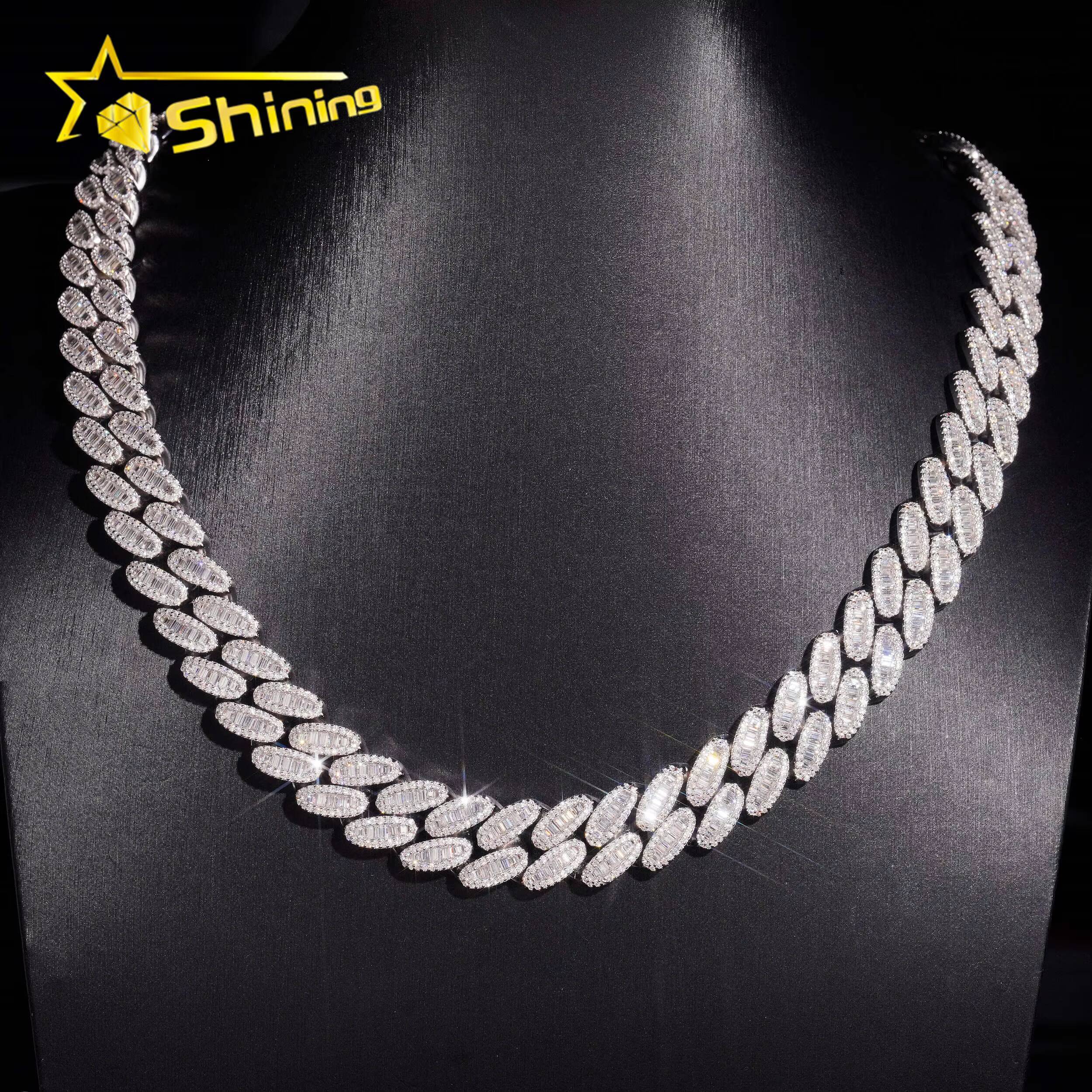 Pass Diamond Tester Men Jewelry Prong Setting Miami Iced Out Cuban Link Necklace 925 Silver 15MM VVS Baguette Moissanite Chain