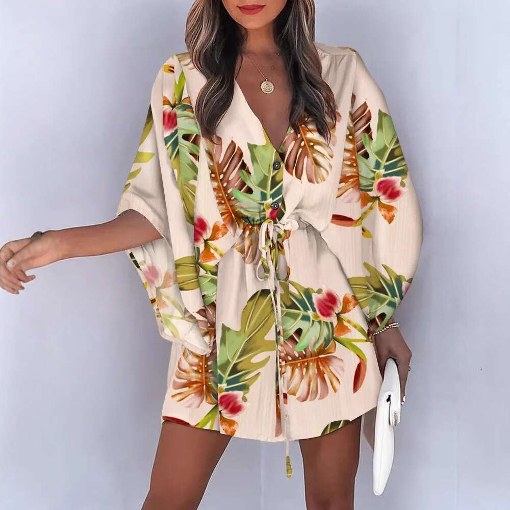 2025 Cross-Border European and American Summer Flutter Sleeve A-Line V-Neck Tie Casual Vacation Short Dress