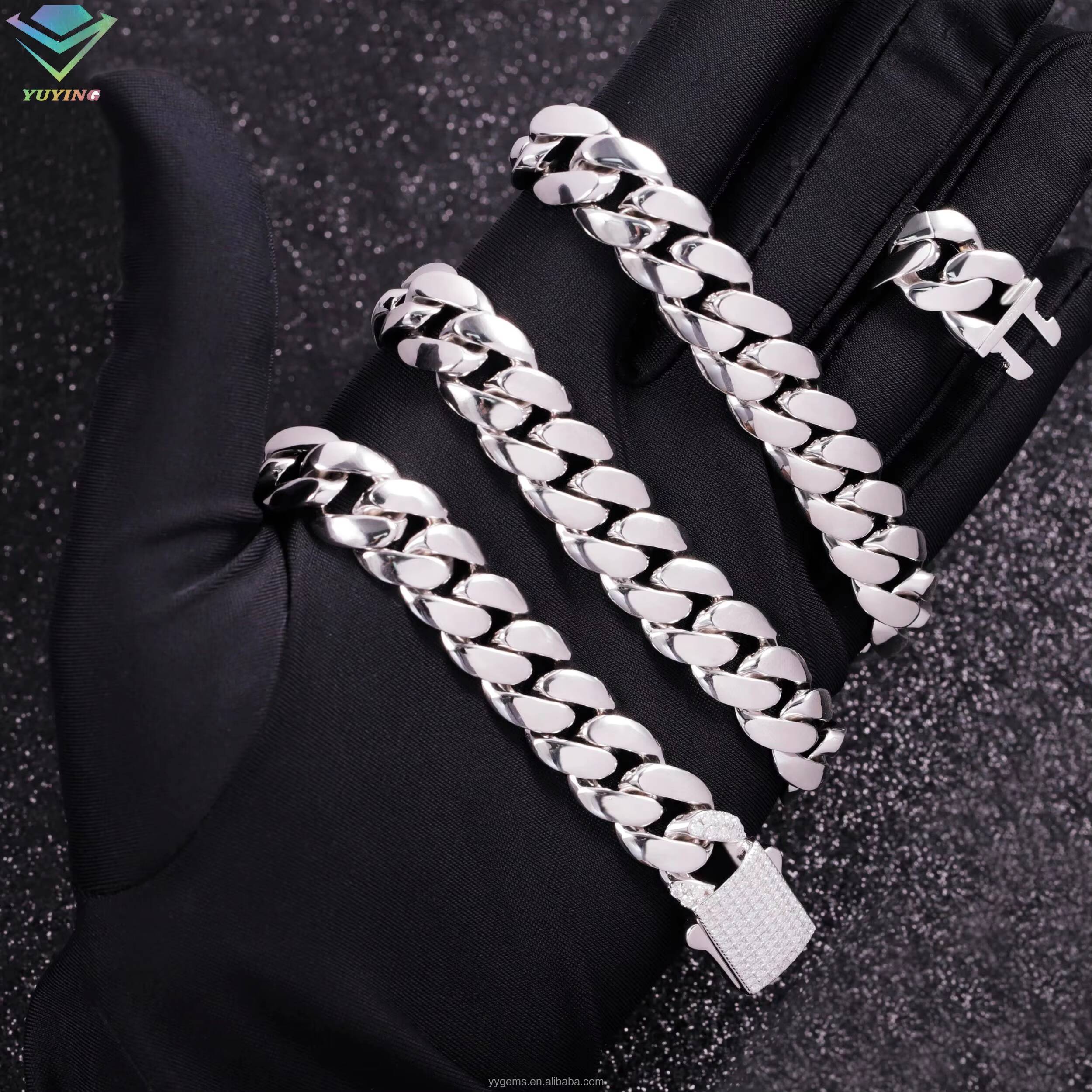 Spring/Snap Clasp White Gold Plated 8/10/13MM Miami Cuban Link Solid 925 Silver Plain Chain Moissanite Lock Cuban Chain Necklace