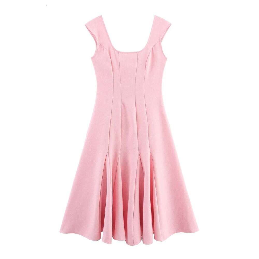 DHEssentials INS French Style Elegant Waist-Cinching Spring Summer Women's Fashion Chic U-Neck Flared Strap Dress