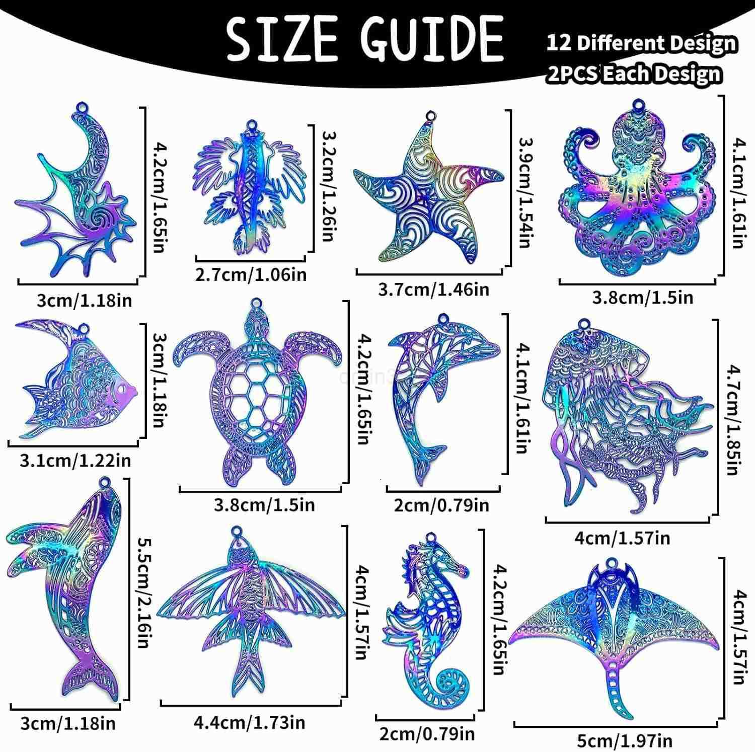 24pcs Assorted Ocean Charms Dazzling Colorful Filigree Metal Embellishment Hollow Sea Animal Pendants for DIY Jewelry Making Earrings Necklaces Hangin