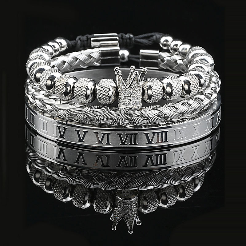 Luxury Brand Designer Jewelry 8Mm Stainless Steel Mesh Pineapple Beads Micro-Inlaid Zircon Crown Braided Bracelet Roman Text Bracelet Set