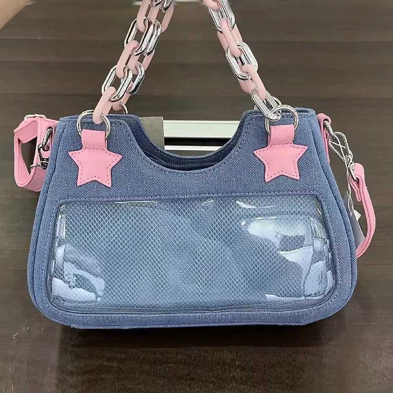 Korean Fashion Shoulder Underarm Harajuku Star Tote Denim Bag Chain Ladies Bags Zip Purses Handbags Women 2024 Luxury Square Bag W250911