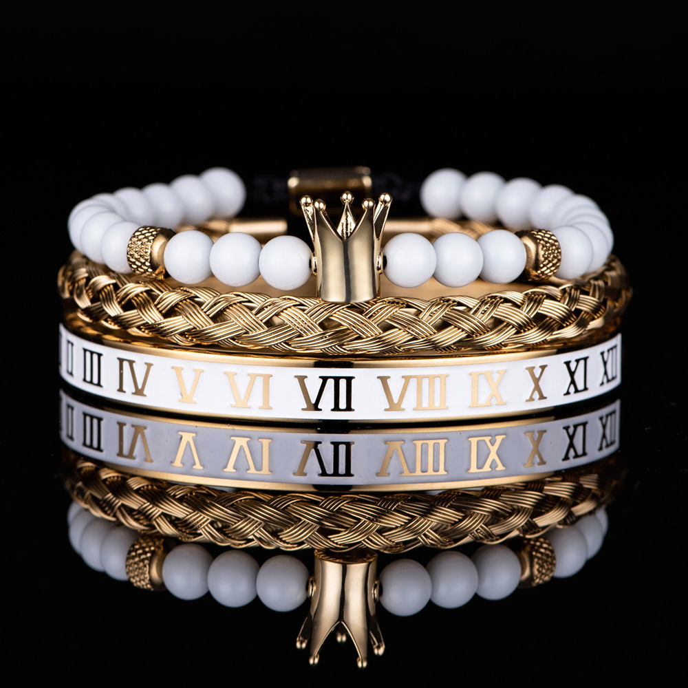 White Bead Crown Bracelet 3 Piece Set Dripping Enamel Stainless Steel Roman Numeral Bracelet for Men