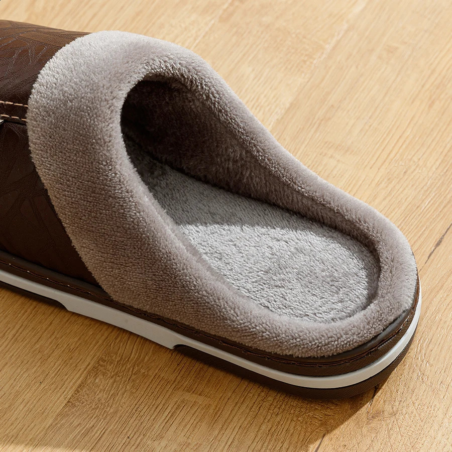 Mens Big Size Winter slippers Indoor PU Leather Home Waterproof Fluffy Casual Slides Men Bedroom Comfy Shoes Houseshoes250906
