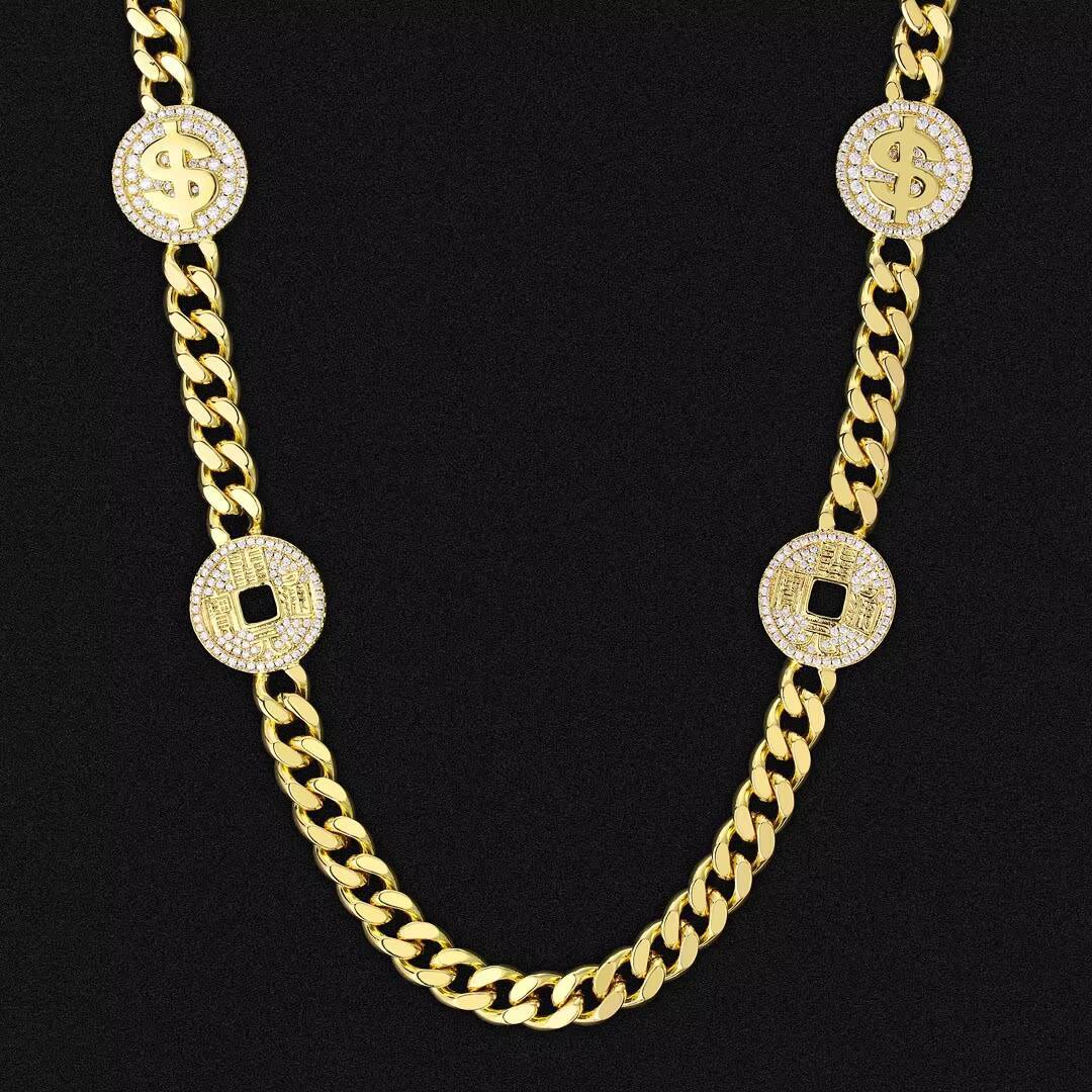 KRKC 14K Gold Plated 8mm Mini Dollar Coin Sign Cuban Link Chain Necklace