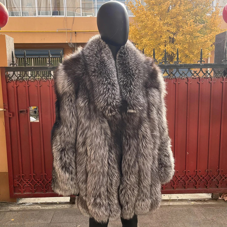 Natural Silver Fox Fur Jacket For Men Top Furry Jackets Coat Real Fur Coat With Collar Fashion Clothing Genuine Fur Outwear 250910