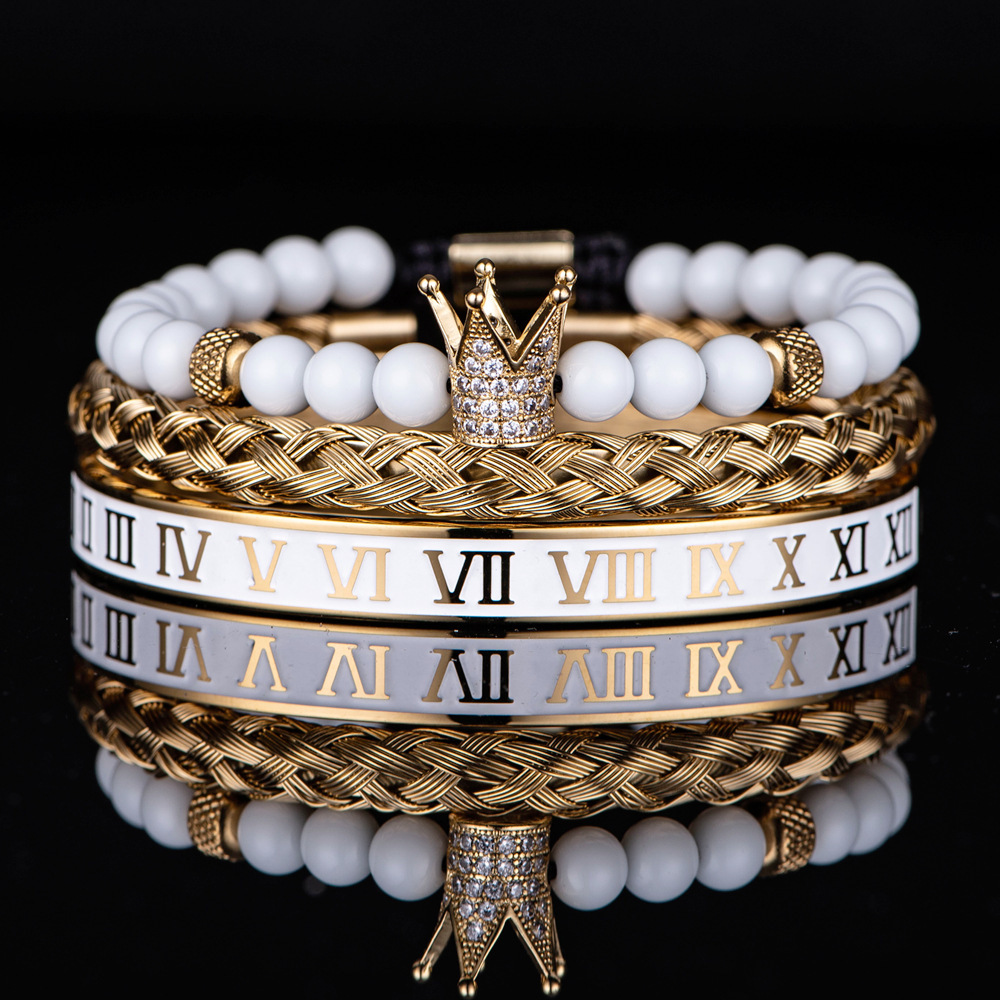 White Bead Crown Bracelet 3 Piece Set Dripping Enamel Stainless Steel Roman Numeral Bracelet for Men