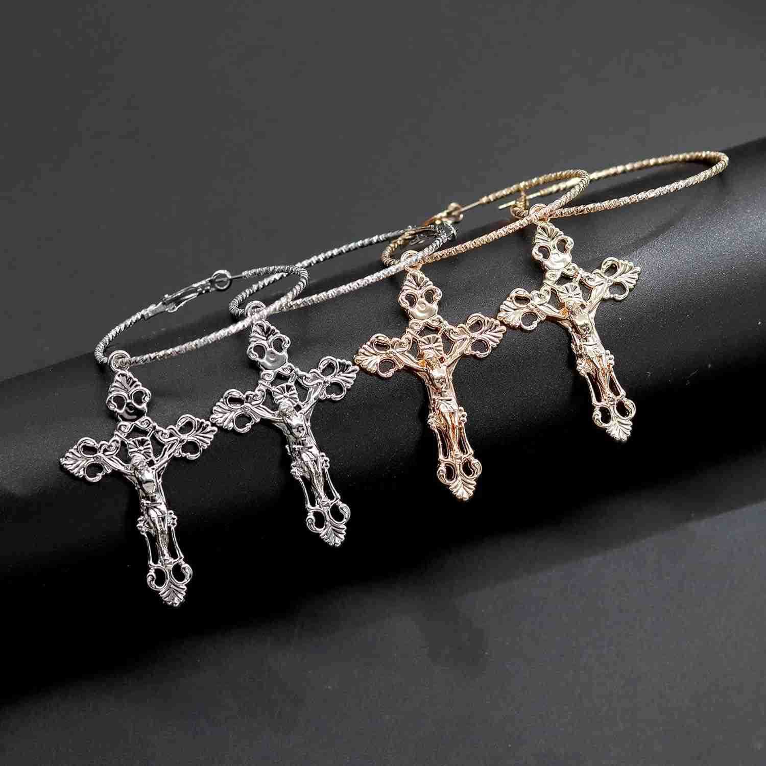 Vintage Gothic Cross Dangle Hoop Earrings Cross with Hoop Charm Tassel Dangle Drop Earrings Christian Jewelry for WomenW250911