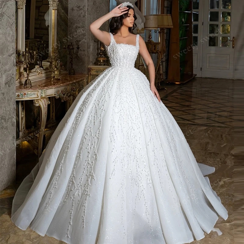 2026 Exquisite Organza Wedding Dress Straps Bead Princess Ball Gow Square Collar Lace Up Sequins Church Bride Bridal Gowns Arabic Vestido De Noiva