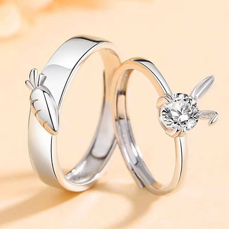 New Sweet Cute Rabbit Carrot Couples Rings WhitePink Crystal Bunny Silver Color Adjustable Open Lovers Ring For Women Gift W250911