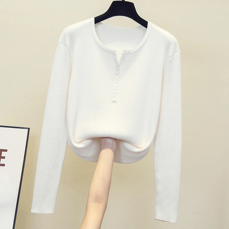 2026 Knitted Women Sweater Button Vneck Pullovers Autumn Basic Sweaters for Female Pullover Slim Solid Bold Stripes Tops 250911