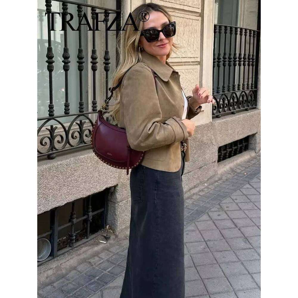 TRAFZA Vintage Women's Solid Suede 2025 Long Sleeve Pocket Single Breasted Female Crop Jacket Lady High Street Outerwear