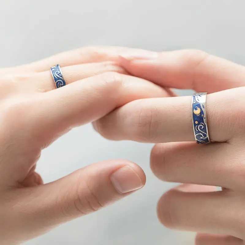2Pcs S925 Silver Plated Van Gogh Blue Starry Sky Open Lover Rings Band Love Forever Ring Set Romantic Jewelry W250911