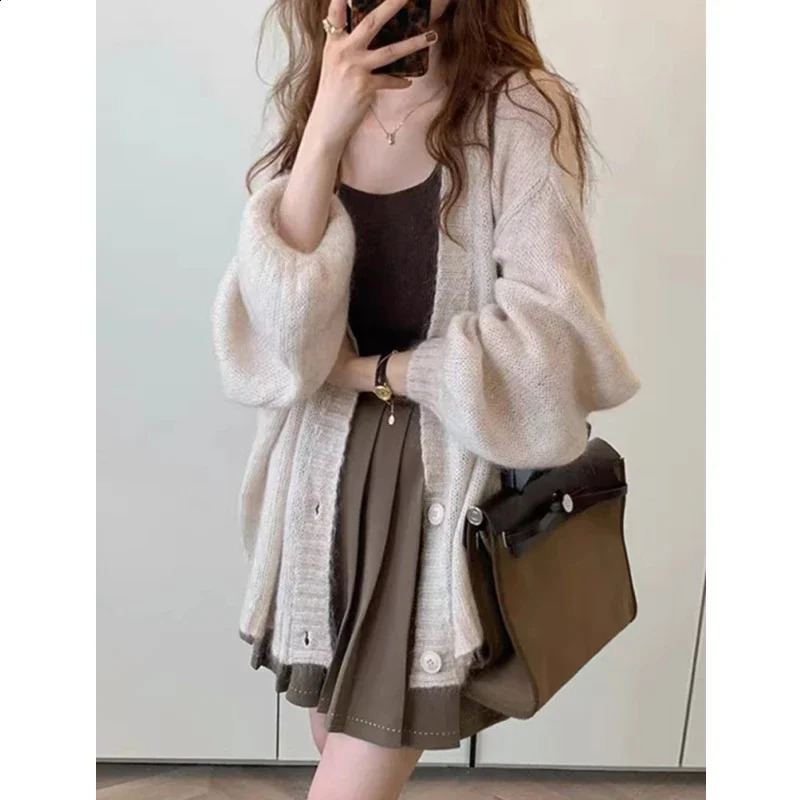 Autumn and Winter Womens Solid Color Cardigan Sweater Fashion Casual Singlebreasted Lantern Sleeve Jacket 250911