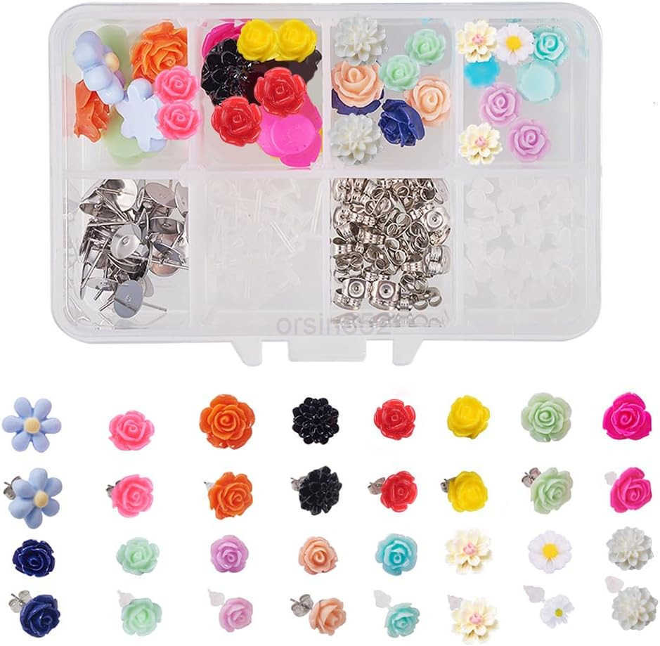 1 Box DIY 20 Pairs Mixed Resin Flower Flatback Cabochon Studs Earring Kit Resin Rose Daisy Charms with Stainless Steel Post for Jewelry Making Arts Cr