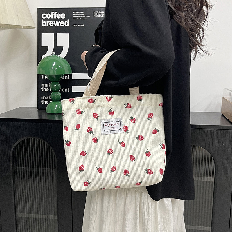 2025 Japanese Luxury Designer Bag Bag Style Cartoon Cute Strawberry Print Free Shipping Handbag Corduroy Outdoor Portable Storage Bag Commuting Lunch 