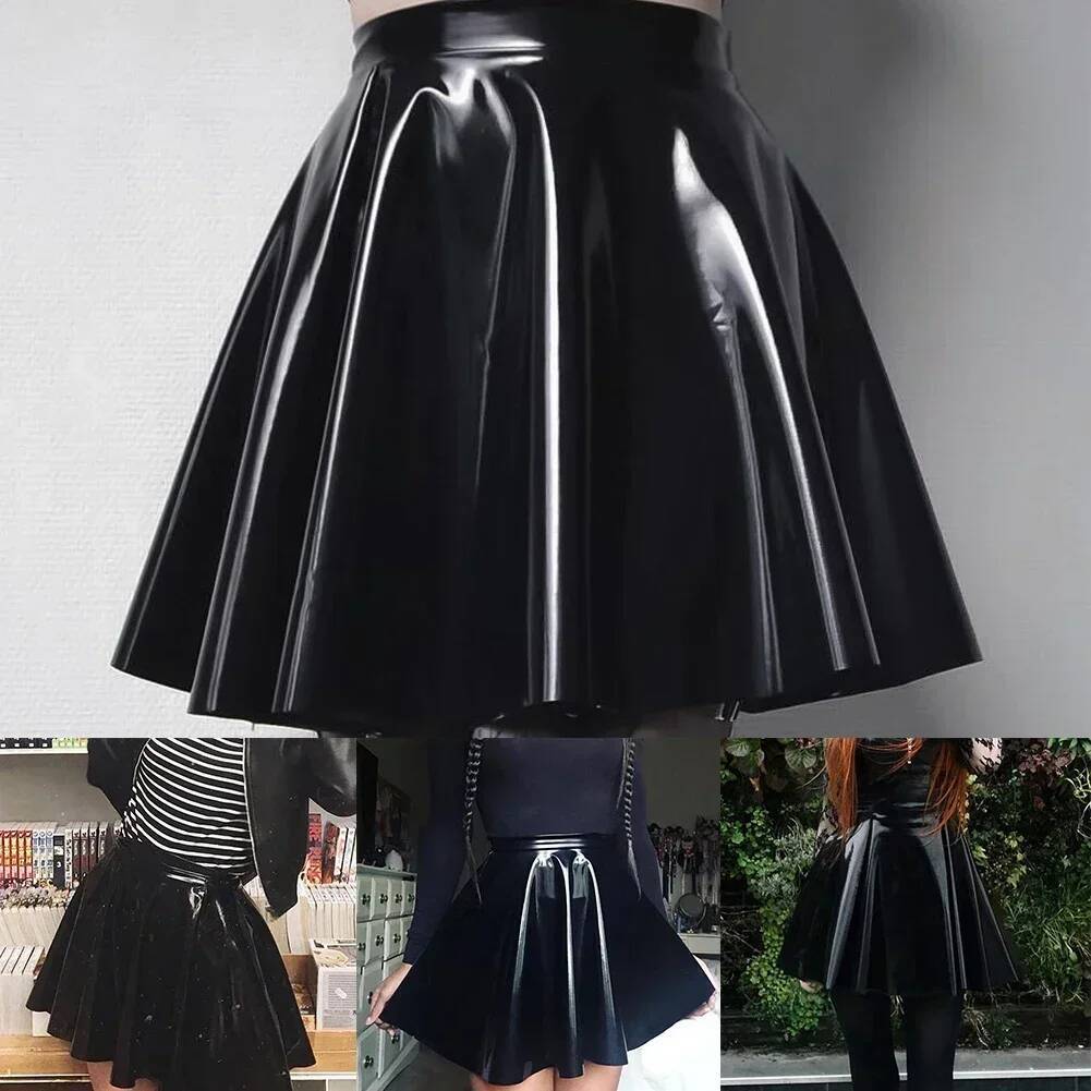 Womens Shiny PVC Patent Sexy Wet Look Leather Pleated Front Bodycon Elastic Latex Mini Short Skirt dongdumaoyi
