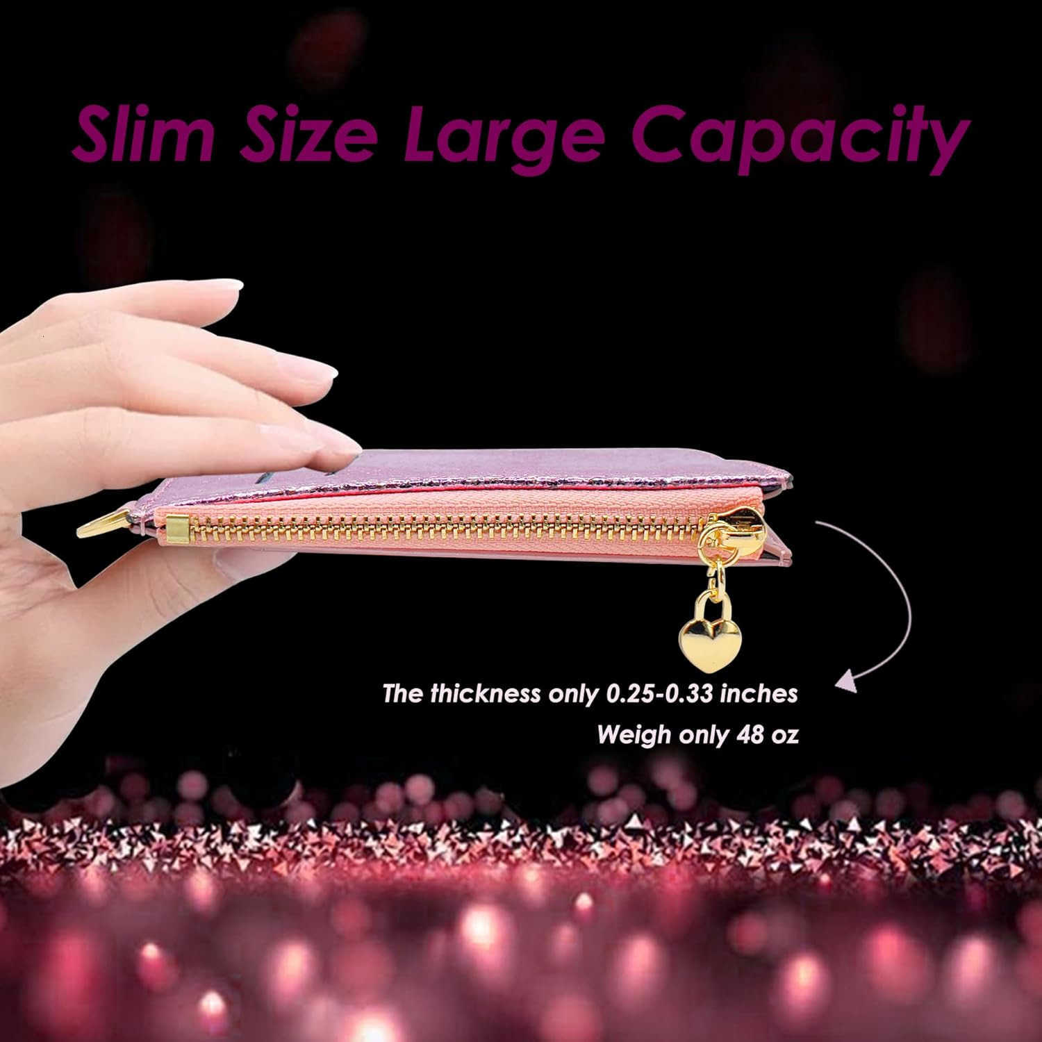 Key Chain Wallet Women Credit Card Holder for Women with Metal Key Chain Ring for Car KeysLadies Mini Purse with ID Window and Zipper Pocket Rose Pink