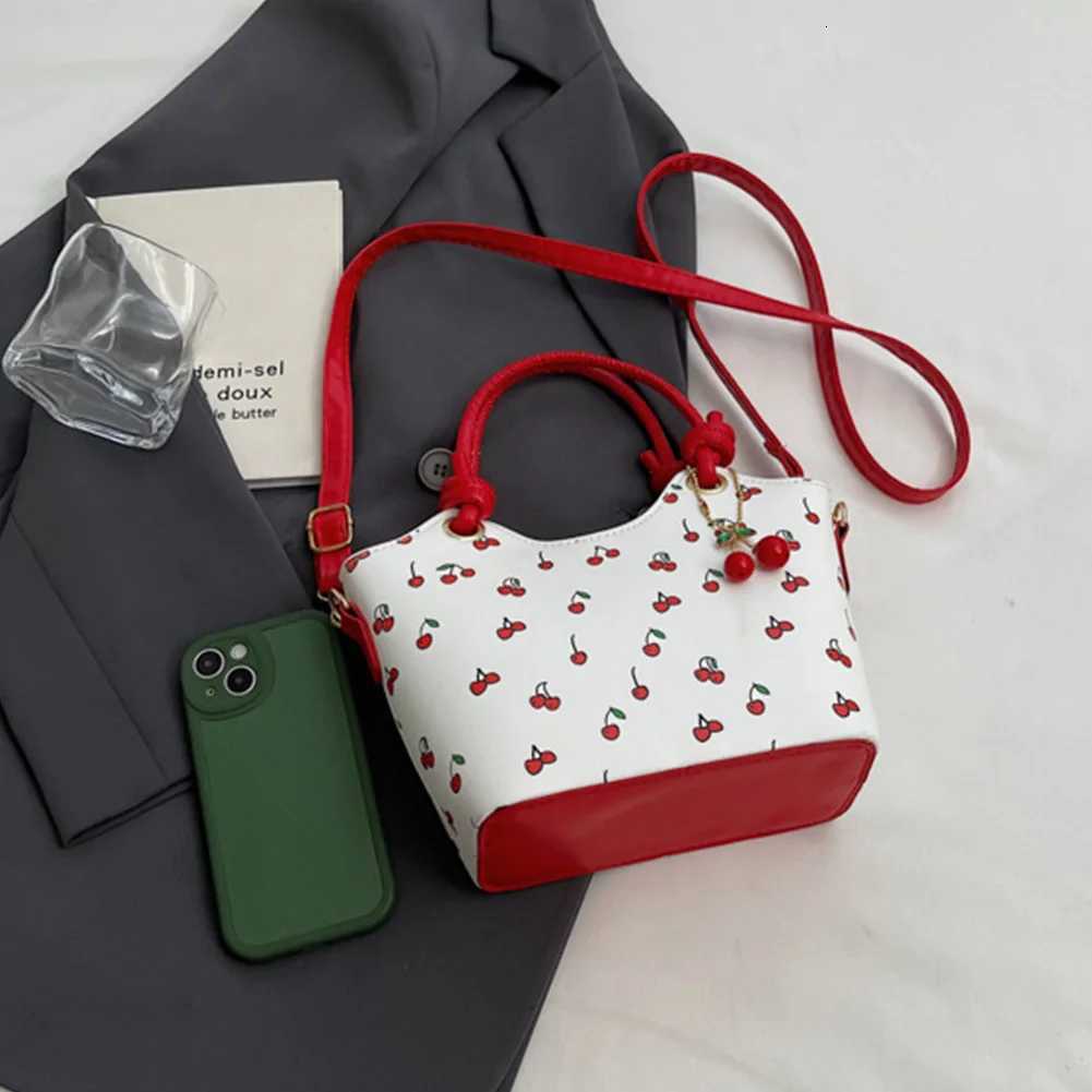 PU Leather Bucket Cherry Printed Crossbody Bag for Women Trendy Tophandle Bag Stylish Small Tote Handbag with Adjustable Strap Z250911