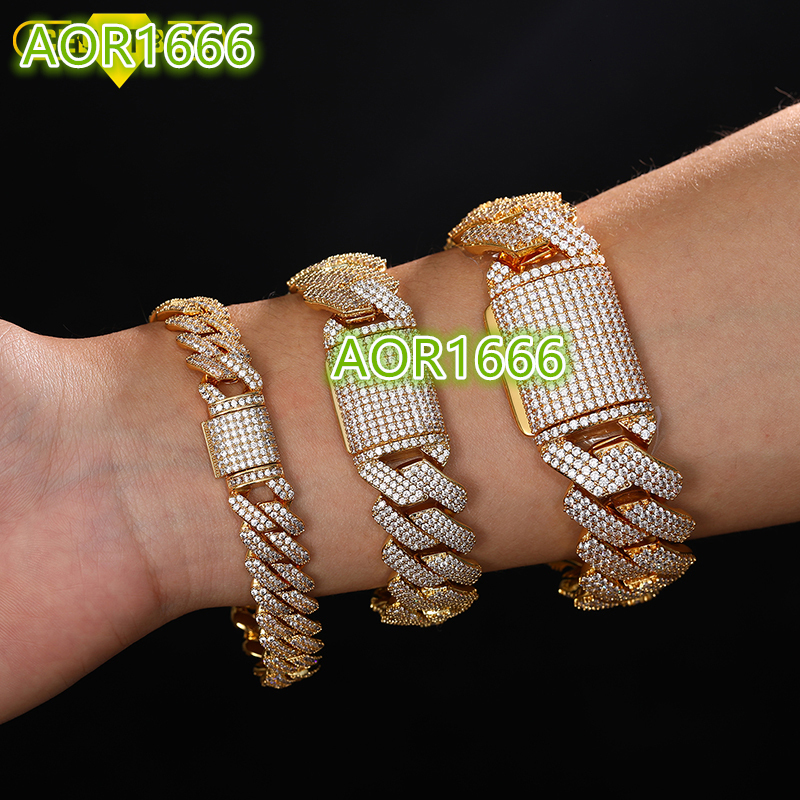 Fashion Jewelry Hip Hop Iced Out 18K Gold Plated Copper CZ Zircon Crystal Luxury Miami Cuban Link Chain Bracelet for Men Women