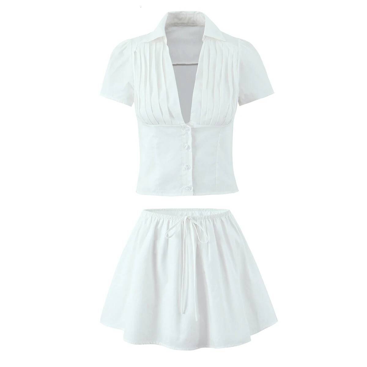 White Mini Women Summer 2025 Japanese Y2k Fashion Ruched Skirts Vintage Kawaii Pencil Skirt With Shorts Front Tie dongdumaoyi