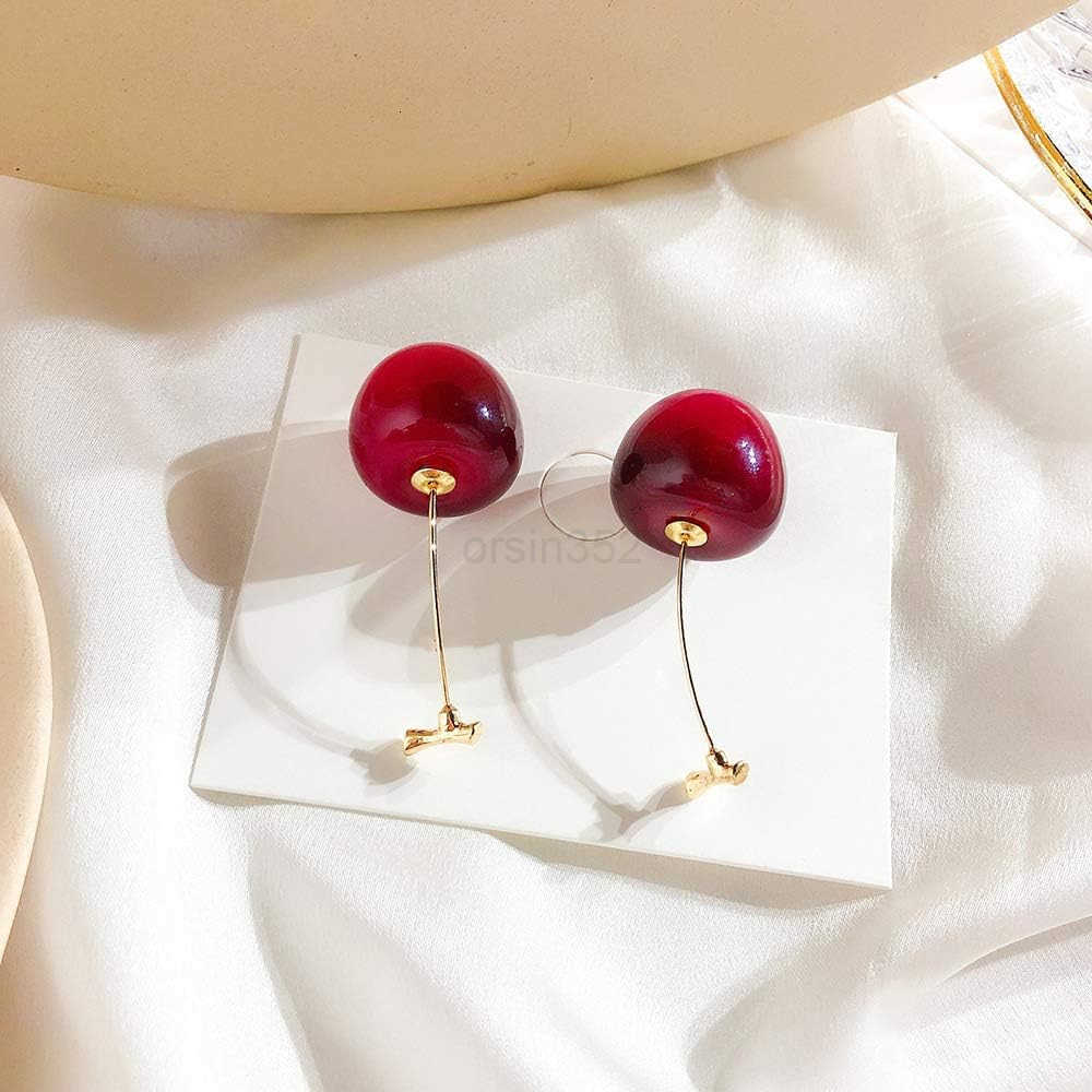3D Red Cherry Drop Earrings Cute Fruit Gold Dangle Earrings Charm Jewelry Gift Earrings for WomenW250911