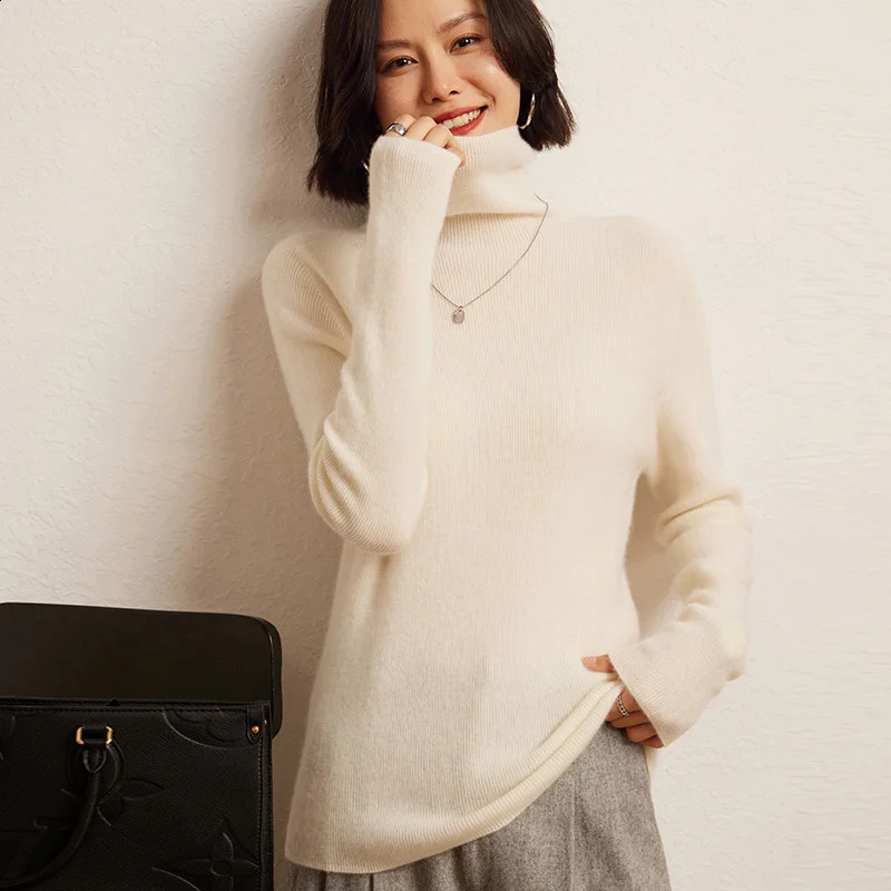 100 cashmere sweater womens knitted pullover high neck solid color slim fit soft basic 250911