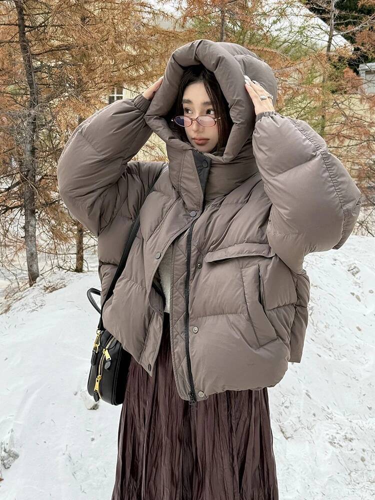 Winter Big Pocket Solid Hooded Quilted Women 90 White Duck Parker Outwear Coat Female Loose Warm Short Down Jacket