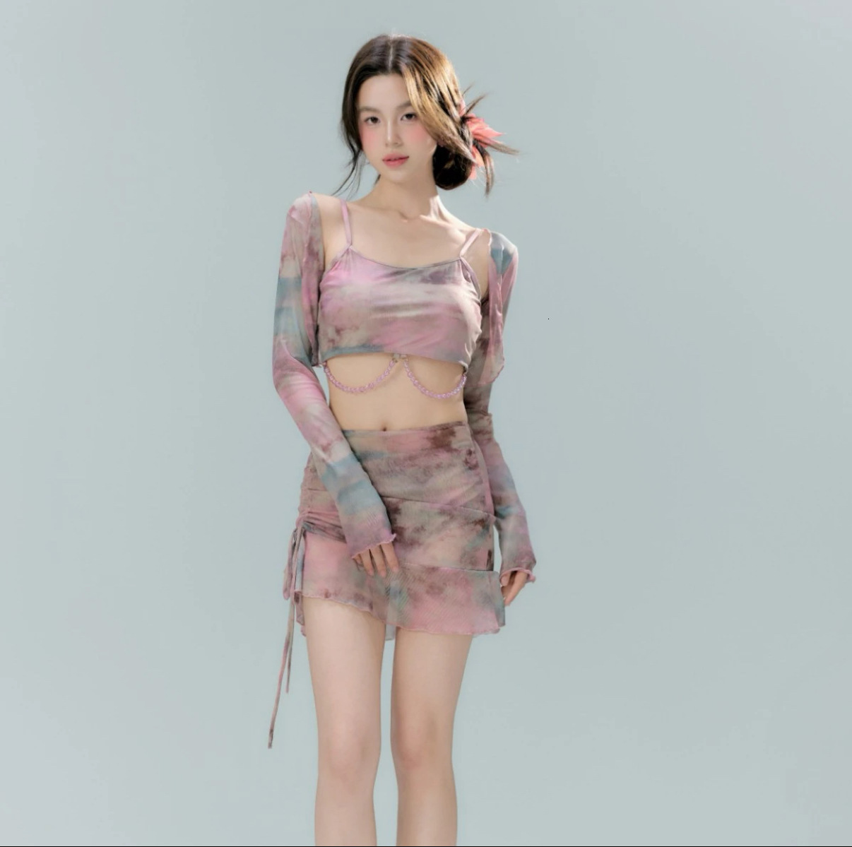 Korean INS Swimsuit for Women, High-End Two-Piece Four-Piece Set, Tie-Dye with Long Sleeve Cover-Up, Slimming Internet Celebrity Style Swimwear