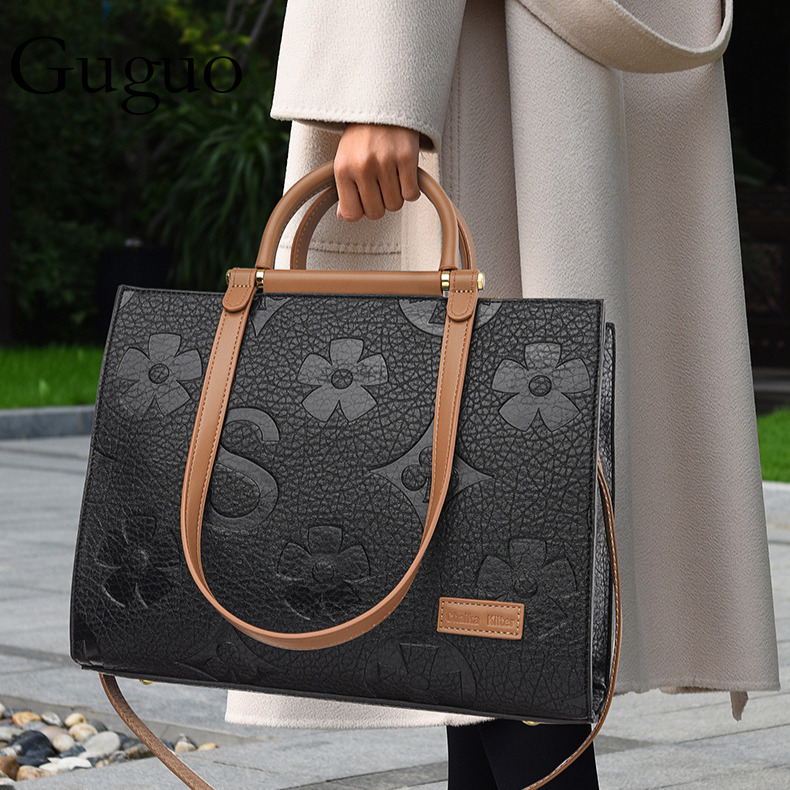 Guguo Free Shipping Designer Luxury Handbag Fashion 3D Embossed Large Bag Simple Large Capacity Commuter Bag Women's Ultra-fine Fiber Leather Tot