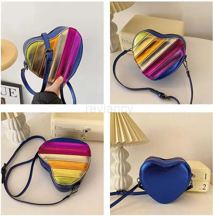 Rainbow Patchwork Heart Shaped Shoulder Crossbody Bag Adjustable Strap Trendy DesignW250911